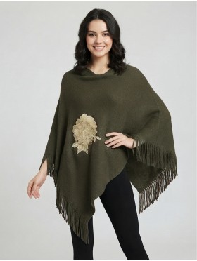 3D Floral Embroidery Poncho W/ Fringes